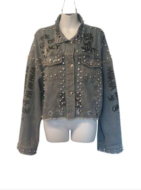 For Her NYC Beading  Rhinestone Graffiti Jacket  Short Coat Size: XL